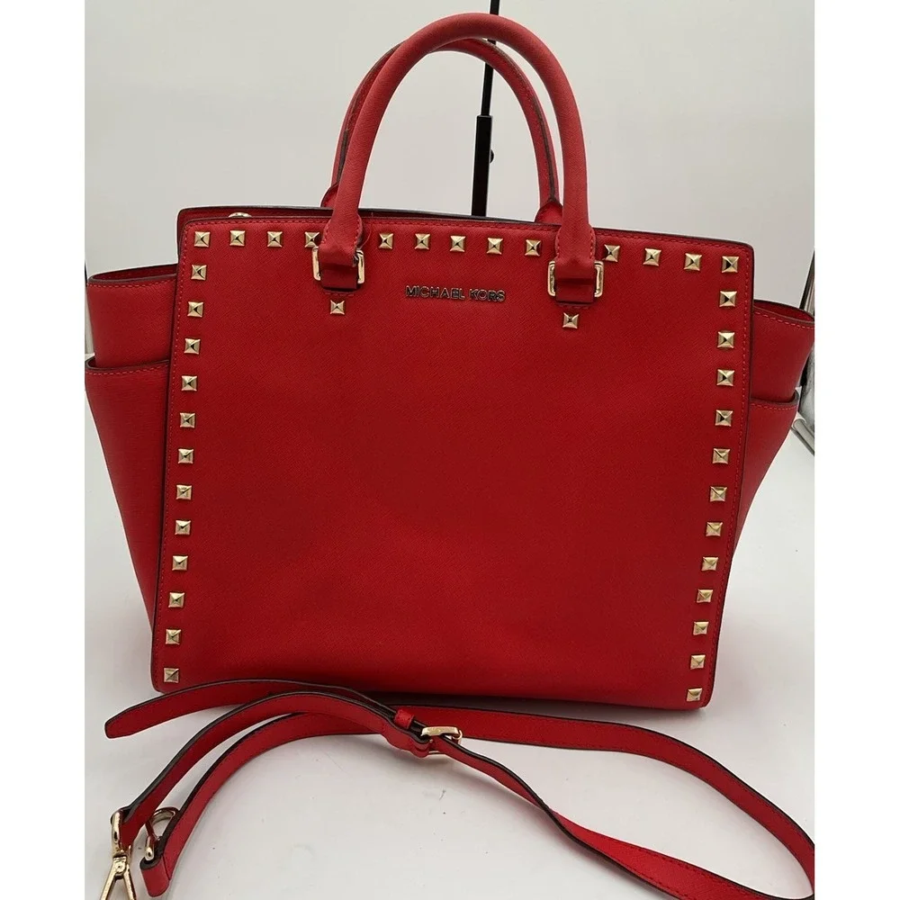 Michael Kors Studded Red Large Selma Studded Saffiano Tote